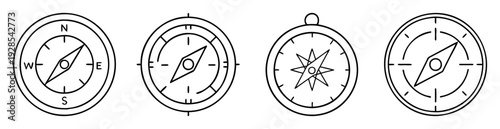 Four line art style compasses with different needle directions and designs