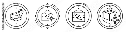Stylized Icons of Packages, Maps, and Compasses Depicted in a Minimalist Style