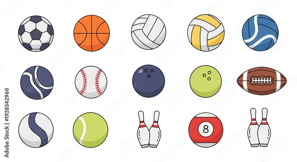 Fototapeta premium Flat vector sports balls icon set isolated on white background,