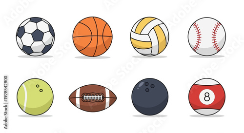 Flat vector sports balls icon set isolated on white background,