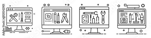 Collection of four computer displays with various maintenance tools displayed on the screens