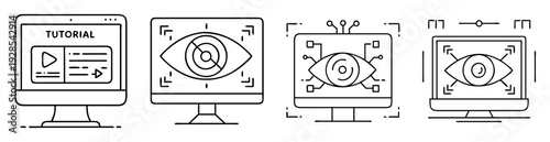 Black and white line art illustration of various computer monitors with different eye symbols