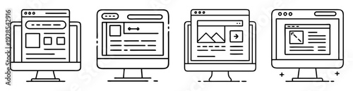 Stylized Illustration of Various Computer Screens and Web Page Layouts on Desktops