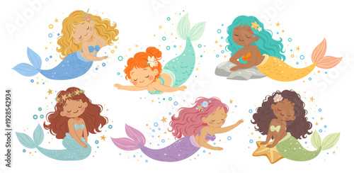 Vector set with cute mermaids. Children's illustration of girls princess mermaids. Sticker for child aquarium ocean underwater girl characters ingenious. Vector mermaids in different poses