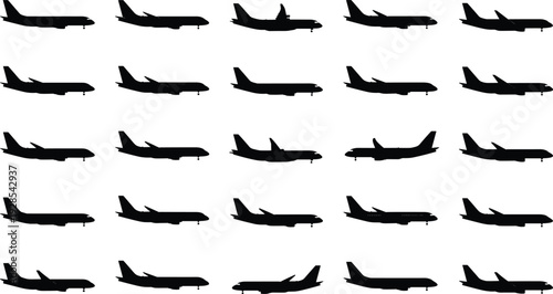 Set of commercial airplane silhouettes side view isolated on white background, passenger jet aircraft vector collection for aviation and transportation design
