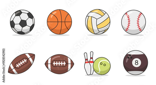 Flat vector sports balls icon set isolated on white background,