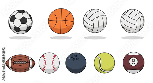 Flat vector sports balls icon set isolated on white background,