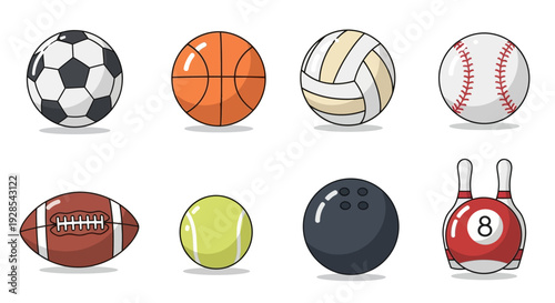 Flat vector sports balls icon set isolated on white background,