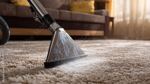Carpet cleaning machine working on soft living room rug. AI generated image