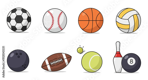 Flat vector sports balls icon set isolated on white background,
