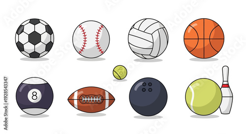 Flat vector sports balls icon set isolated on white background,