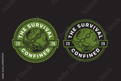 Chained globe vintage badge logo design set for awareness. Bound earth retro patch stickers for confinement. Restricted planet rustic emblem elements for global. Imprisoned world. Global confinement