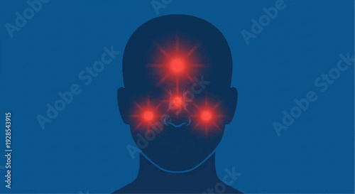 Sinusitis infection vector illustration showing red glowing pain spots on face silhouette.