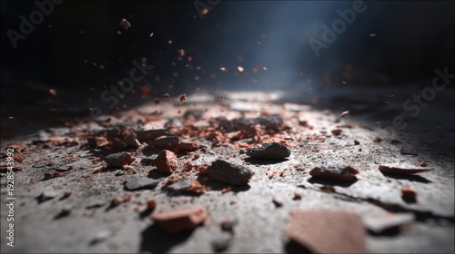 Numerous shattered concrete fragments and reddish debris scattered across a rough, dusty ground surface.