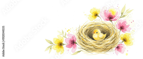 Baby chick in nest with flowers and soft pastel colors