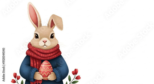 Easter Bunny holding decorated egg with flowers on white background