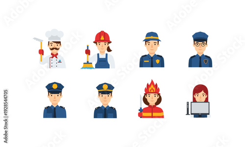 Various professions depicted in vector icons chef construction police firefighter and more
