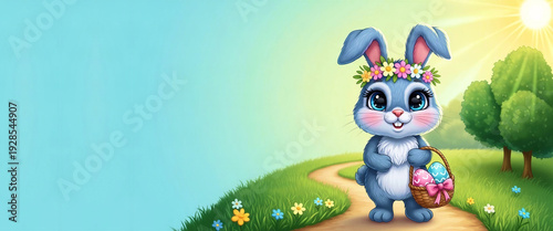 Cartoon Easter Bunny holding colorful egg basket on sunny path 