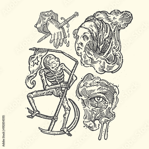 Grim Reaper, Dagger, Weeping Face, Eye, Hand - Medieval Gothic Death and Melancholy Tattoo Art