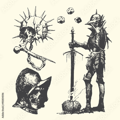 Warrior's Doom: Spiked Skull, Dice, Knight Armor, Sword, Pumpkin - Dark Fantasy Battle Scene Elements