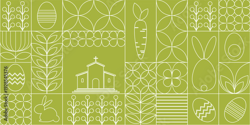 Monochrome green Easter mosaic pattern featuring thin white line icons arranged in a modern geometric grid.