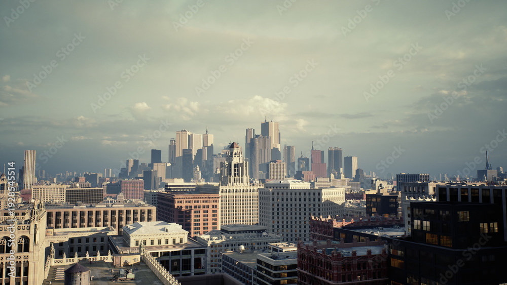 Naklejka premium city skyline at golden hour bathed in warm glow, vintage film grain, intricate rooftops and brick facades, long shadows and soft clouds suitable