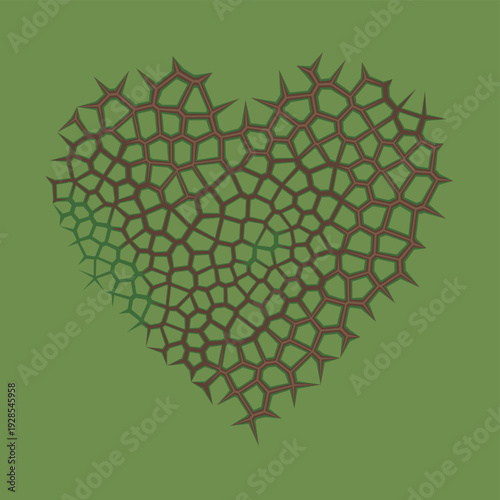 Stylized Green Heart with Brown Thorn Mesh Vector Illustration