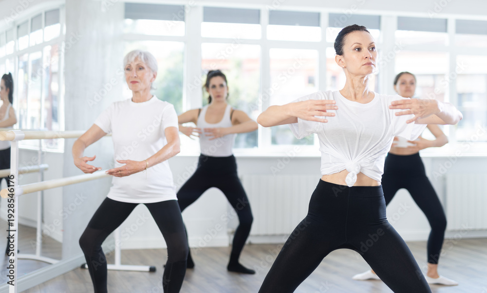 Fototapeta premium Graceful women of different ages practice various ballet movements in a choreographic studio