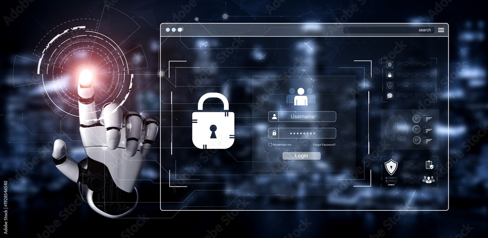 Fototapeta premium An AI assistant manages a secure login system, providing advanced user authentication. This smart technology enhances password protection to safeguard private account data from threats. Fermion