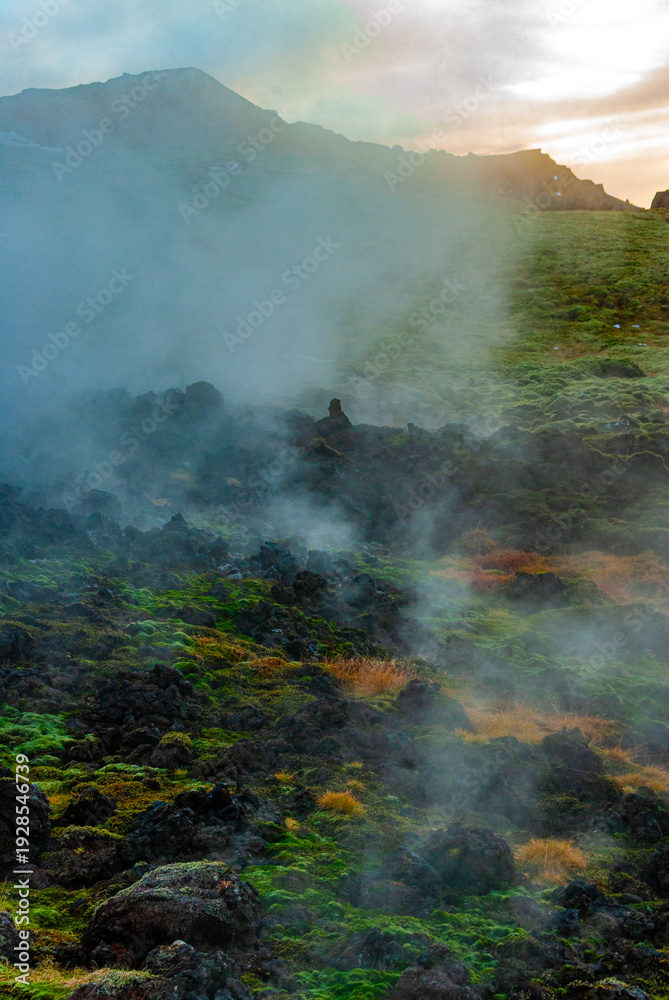Obraz premium Moss-covered lava rocks steaming in a misty geothermal landscape in Iceland, dramatic volcanic terrain with rugged textures and moody Nordic atmosphere. Reykjanes peninsula