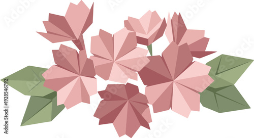 Pink Origami Style Cherry Blossom Flowers Vector Illustration