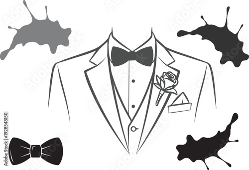 Tuxedo with bow tie and boutonniere isolated on transparent background