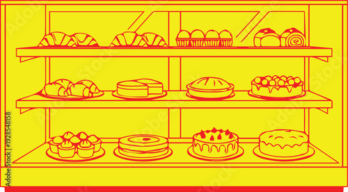 A colorful illustration of assorted cakes on shelves isolated on transparent background