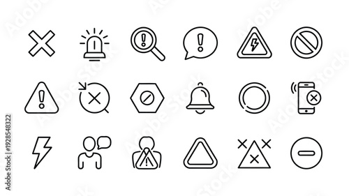 Alert Risk Sign Line Icon Set, minimal caution warning symbols, thin line editable stroke design, accident notification information vector collection.