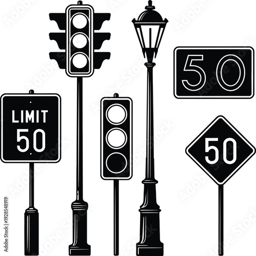 City street elements silhouette set with traffic lights, vintage lamppost, and speed limit road signs vector illustration