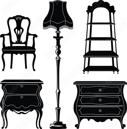 Vintage Antique Furniture Silhouette icon Set, Chair, Lamp, Bookshelf, and Dressers, Vector illustration