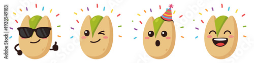  Funny pistachio faces nuts with different expressions  Flat Vector Illustration on Transparent Background