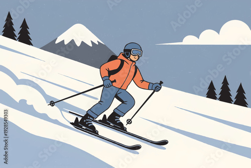 Skier gliding down snowy mountain slope with majestic view