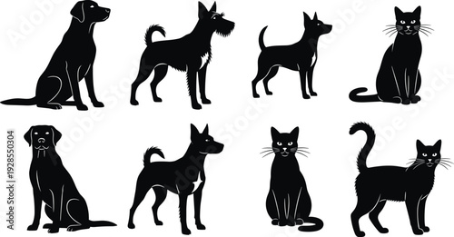 Black and white vector silhouettes of various dogs and cats in sitting and standing poses, isolated on white background,
