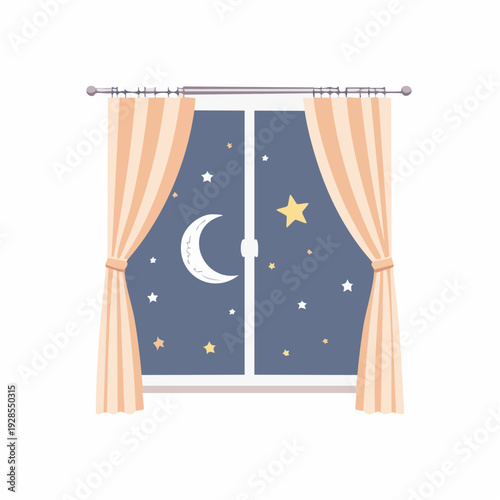 Window with open curtains revealing a starry night sky with moon.