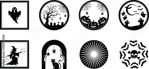 Black Halloween vector silhouettes with ghosts, witches, pumpkins, spiders, and bats in spooky frames and circular designs for holiday festive decorations,