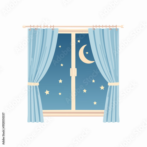 Window with Open Curtains Revealing Night Sky with Stars and Moon.