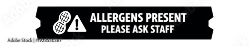 Flat vector label strip badge ALLERGENS PRESENT PLEASE ASK STAFF simple white peanut with alert triangle pictogram beside text