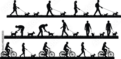People walking dogs and riding bicycles silhouette set, outdoor park activity with pets and bikes for active lifestyle vector illustration.