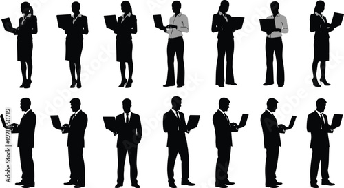 Business people silhouette set with men and women holding laptops, professional corporate characters for office work and technology vector illustration.