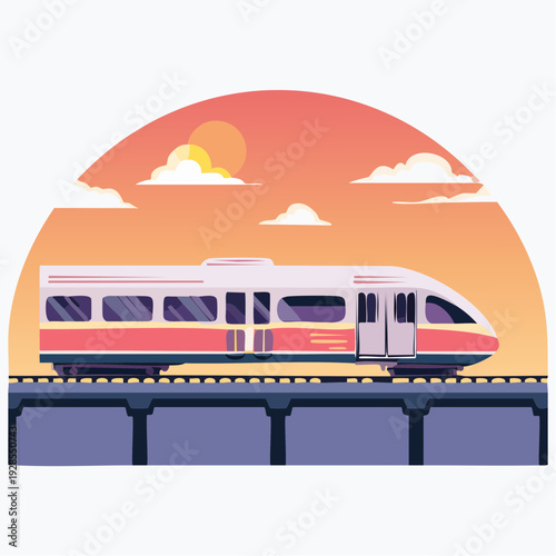 Modern Train Traveling on Elevated Tracks at Sunset.