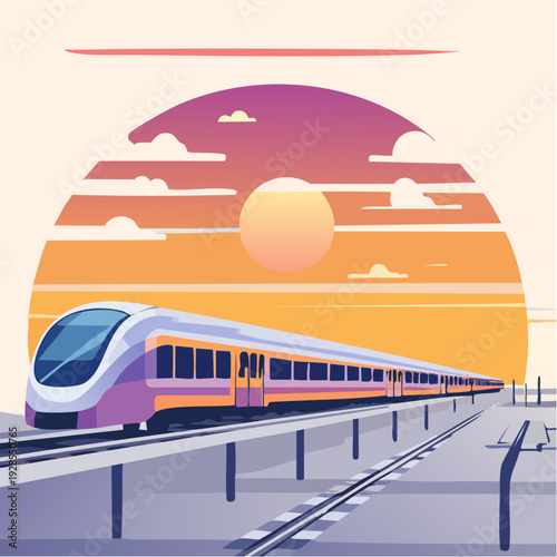 Modern Train Traveling on Railway Tracks at Sunset.