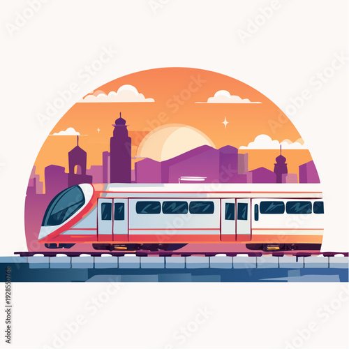 Modern Train Passing Through City Skyline at Sunset.