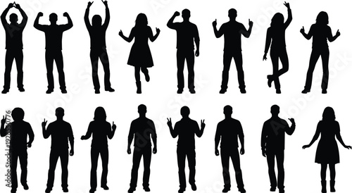 People silhouette collection with various expressive poses, men and women standing jumping and gesturing for community social group vector illustration.