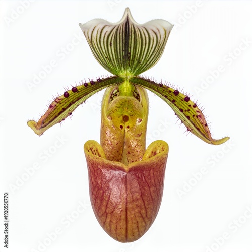 Isolated slipper orchid blossom exhibiting intricate patterns on white background
